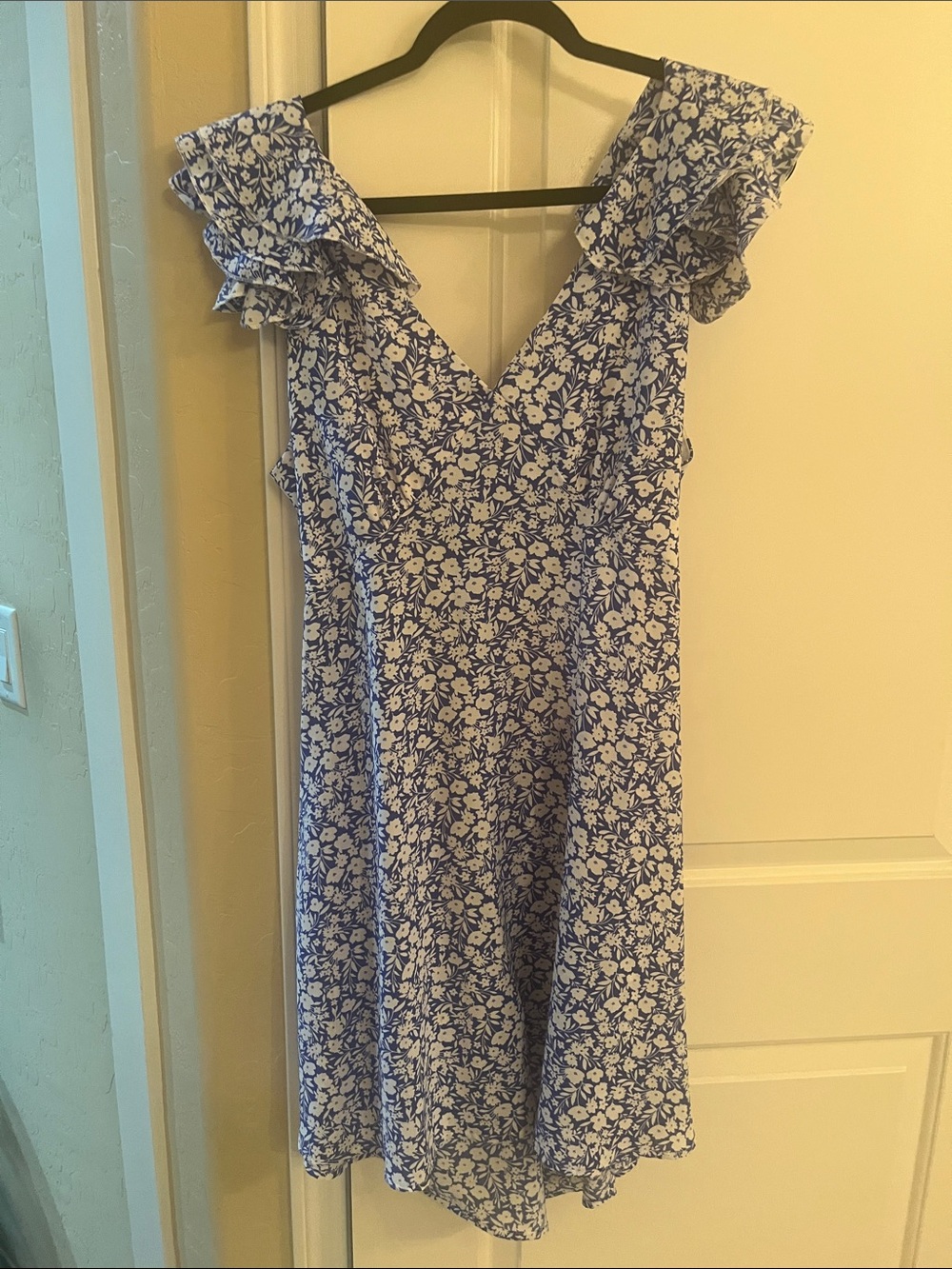 Altar'd State Blue and White Floral Mini Dress with Ruffle Shoulders